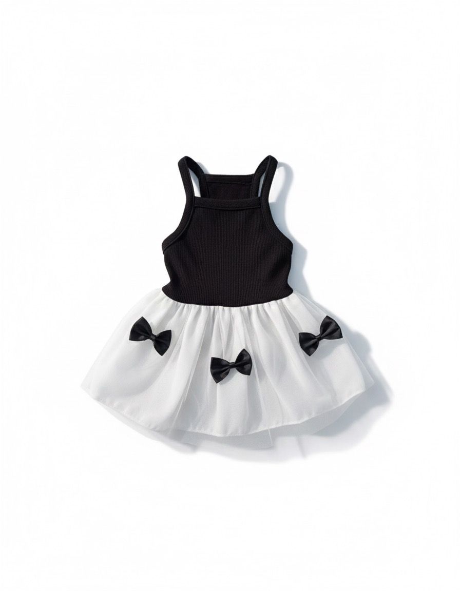 Vestido Mascota con tutu negro y blanco con lazos